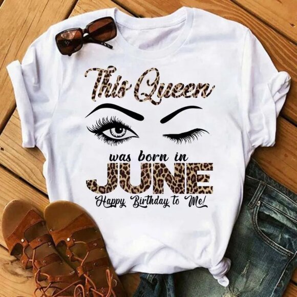 JUNE Birthday Queen Leopard Letter Print Short Sleeve Women's T-Shirt  Large - Picture 2 of 2
